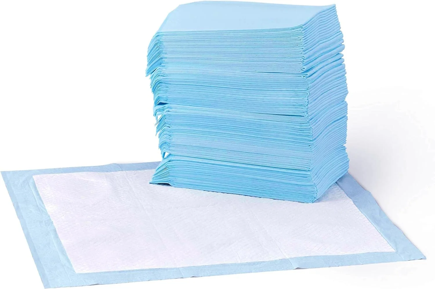 A large stack of blue disposable adult diapers placed on a white surface.
