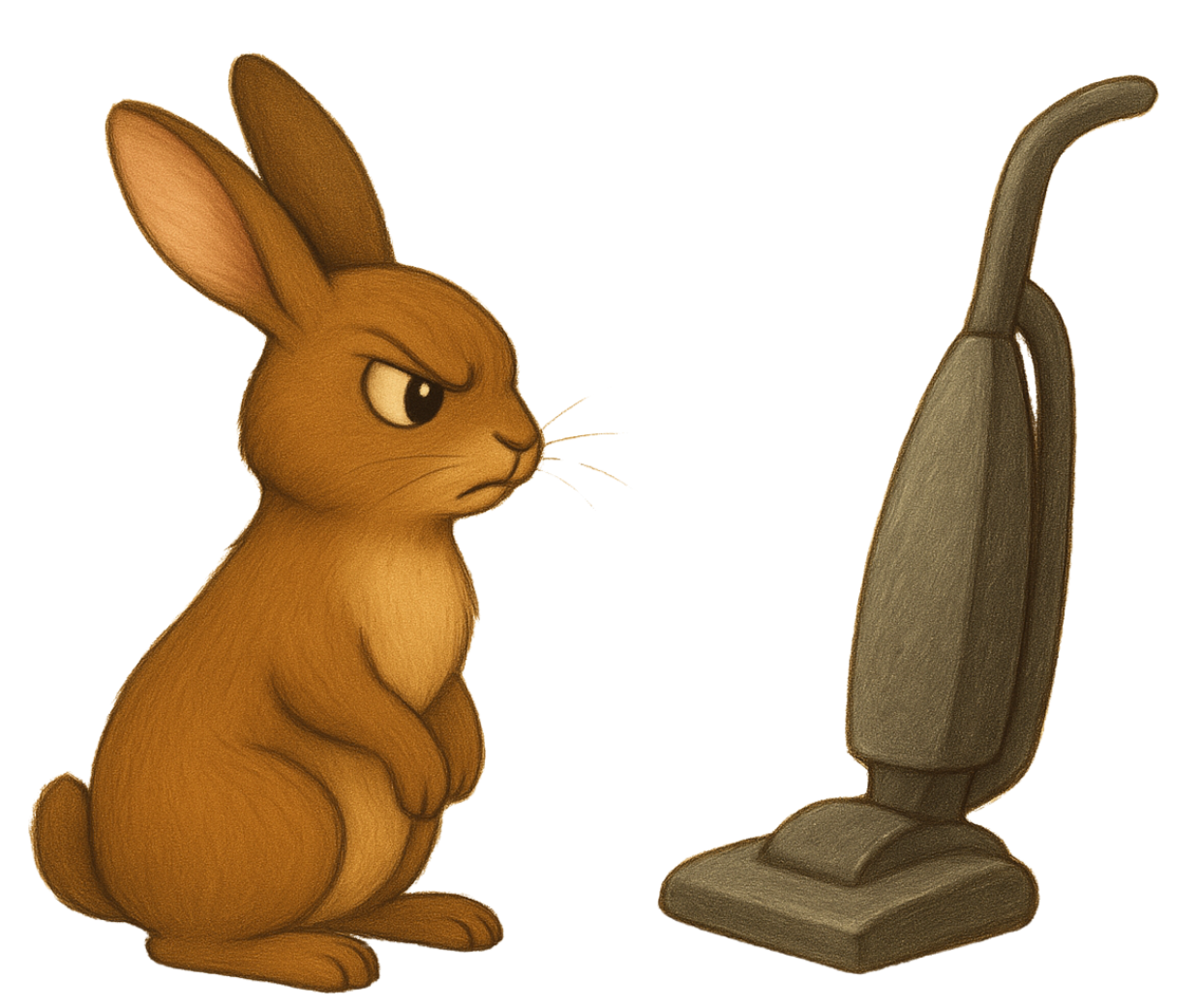 An animated brown rabbit with long ears looking annoyed at a vacuum cleaner.