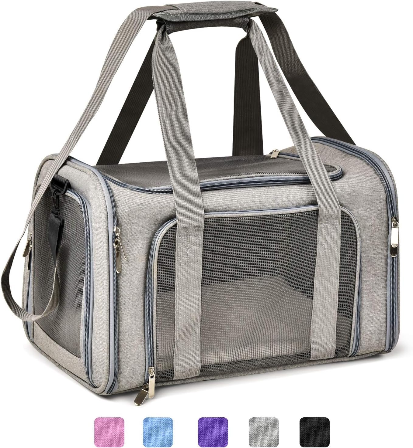 Gray fabric pet carrier with mesh windows and multiple zippers, featuring a color palette of pink, blue, purple, gray, and black at the bottom.