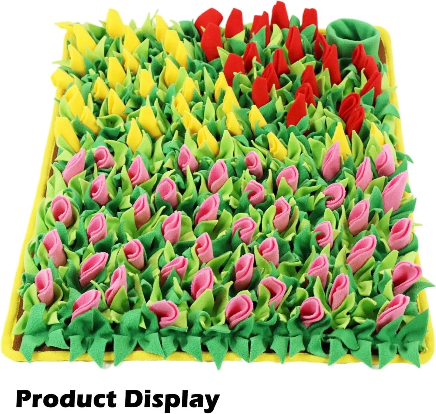 Colorful felt flower display arranged on a yellow backing with sections in pink, yellow, and red, labeled as 'Product Display'.