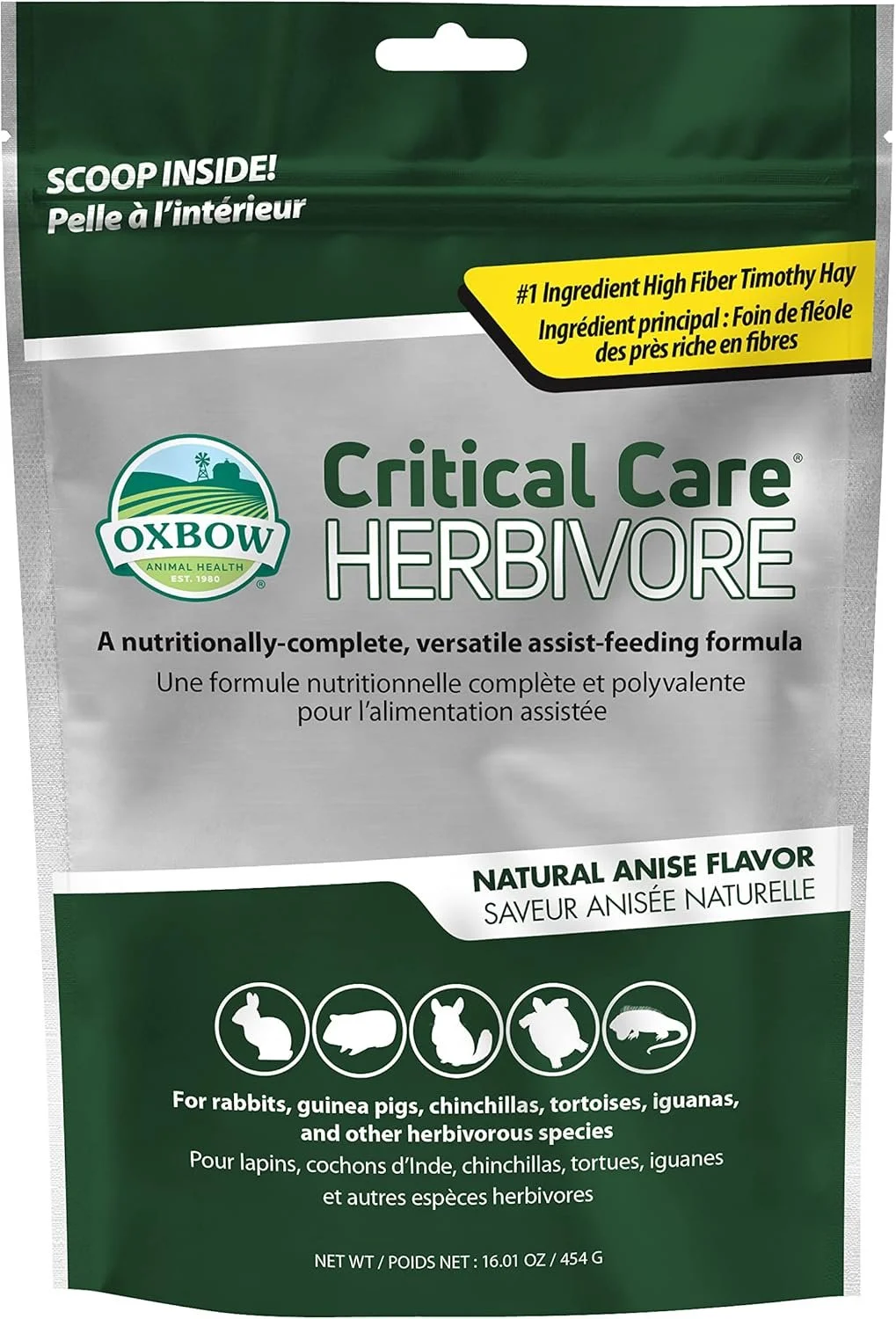Bag of Oxbow Critical Care Herbivore animal feed in natural anise flavor, designed for rabbits, guinea pigs, chinchillas, tortoises, and iguanas, with a green and gray label and symbols of different herbivorous animals.