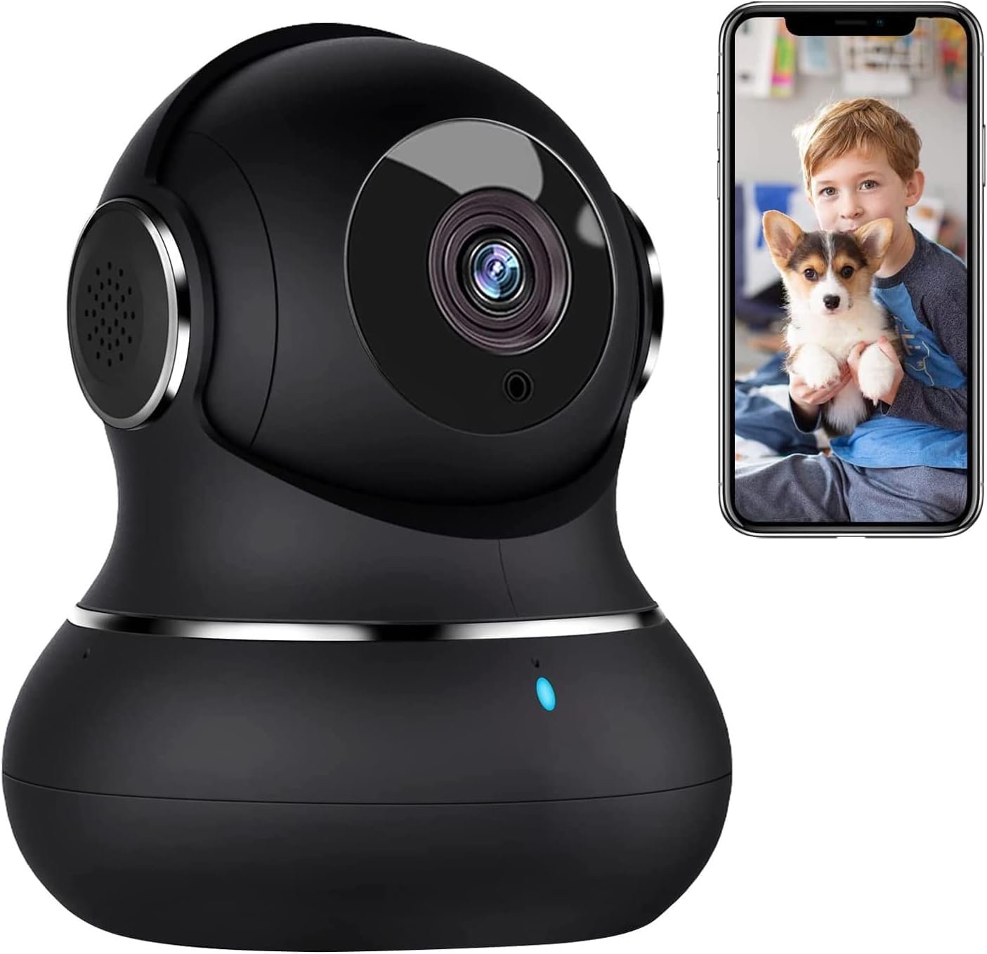 A black home security camera with a smartphone displaying a boy holding a dog.