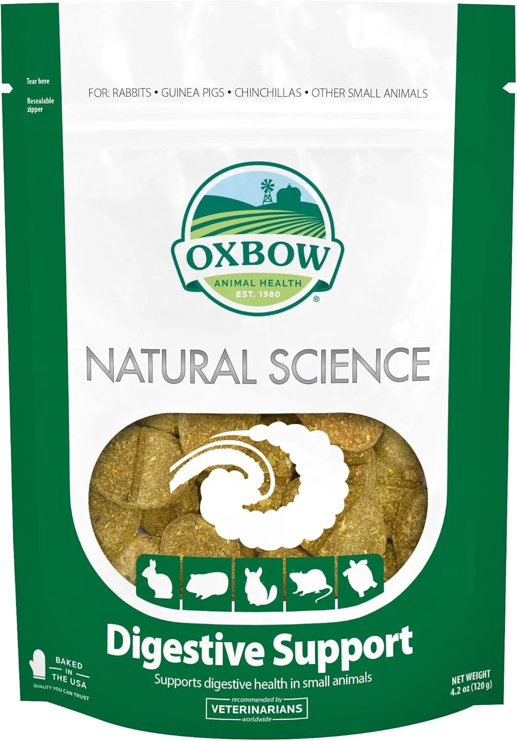 Bag of Oxbow Natural Science Digestive Support treats for small animals, including rabbits, guinea pigs, chinchillas, and other small animals. The bag has a resealable zipper, a green and white design with a logo featuring farmland scenery, and icons of different small animals.