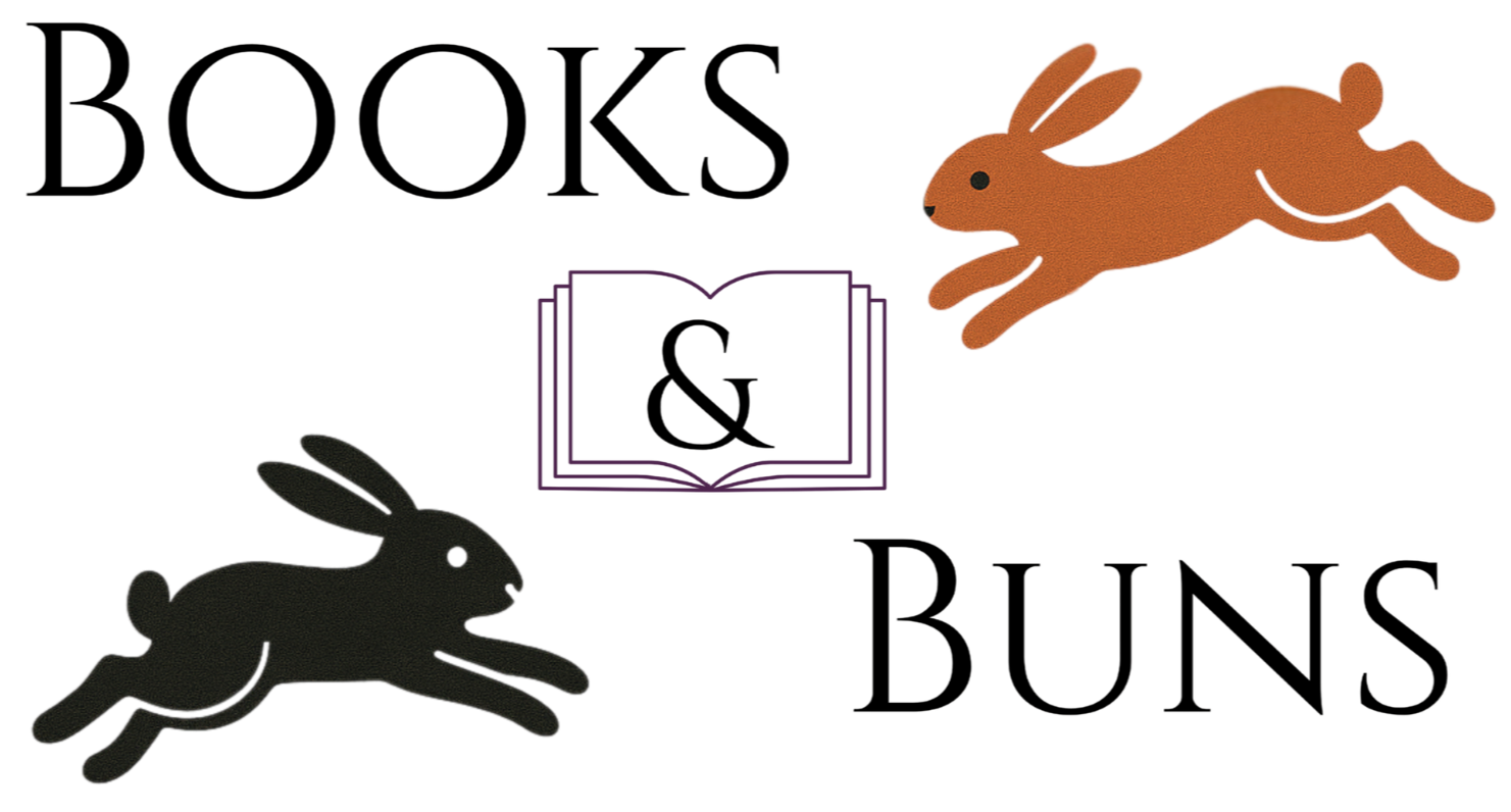 Logo for 'Books & Buns' featuring two illustrated rabbits, one brown and one black, with the words 'Books &' above the rabbits and 'Buns' below.