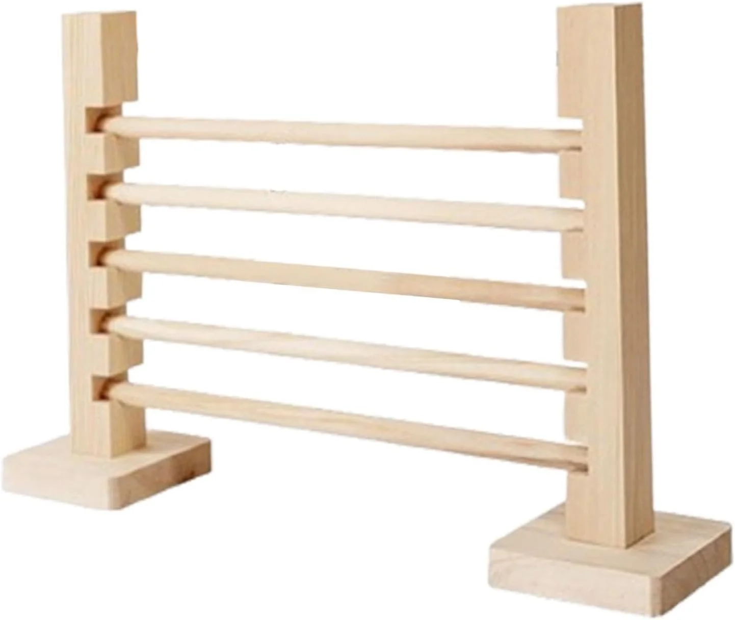 A wooden jewelry or display stand with horizontal bars and a flat base.