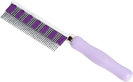 A purple and silver pet grooming comb with fine metal teeth and a curved handle.