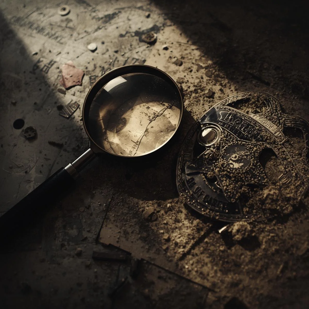 A magnifying glass, a sheriff's badge covered in dust, and some scattered debris on a dusty surface with dirt and small objects.