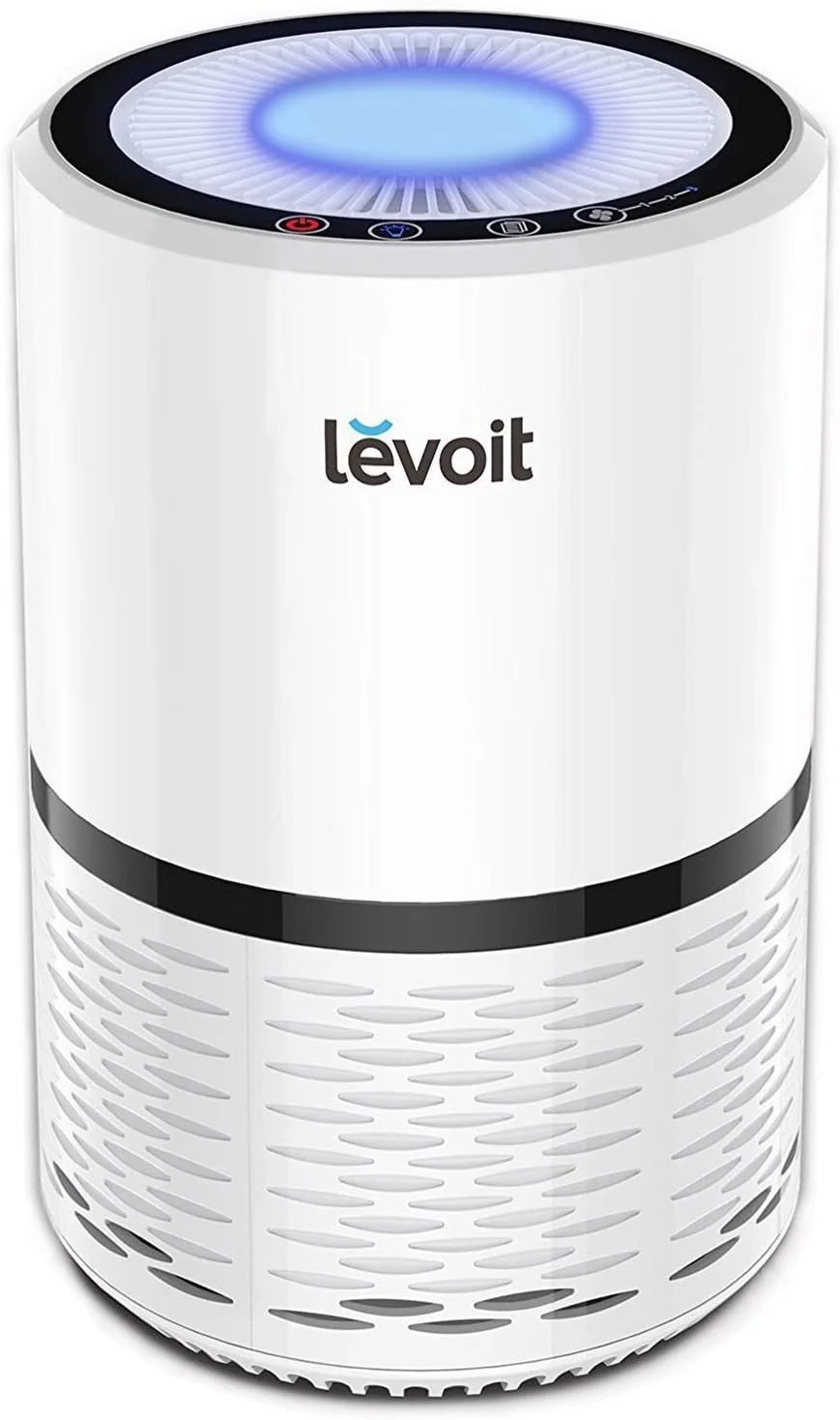 A white Levoit air purifier with a blue glowing top, black control icons, and a cylindrical design.