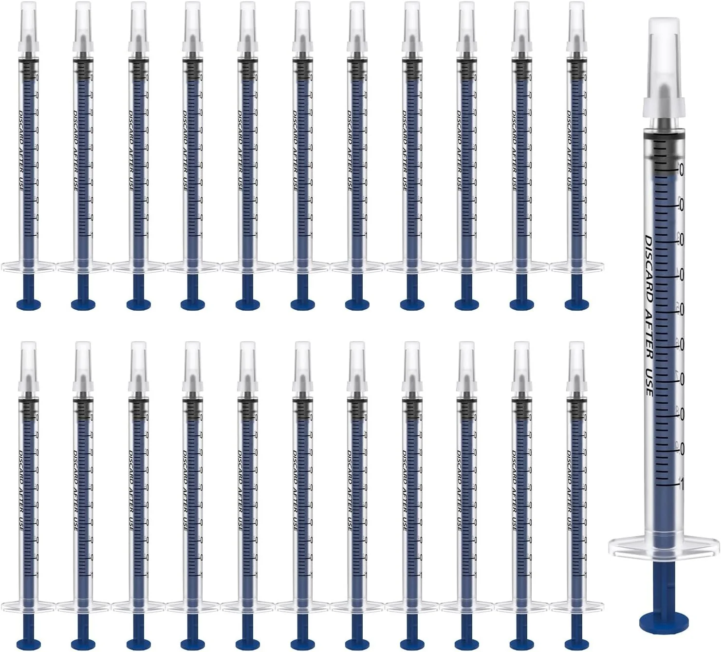 Fifteen syringes filled with a dark blue liquid arranged in three rows of five, with one larger syringe to the right filled with the same dark blue liquid, all set against a white background.