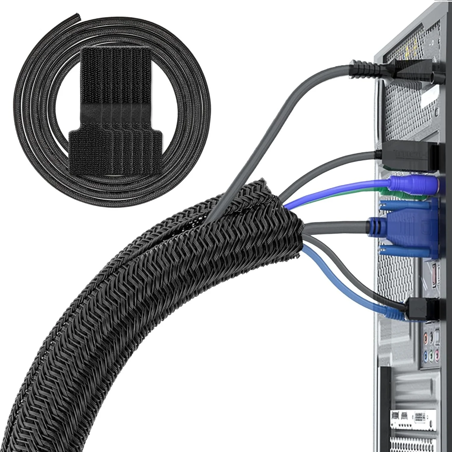Close-up view of cables connected to the back of a computer or electronic device, including Ethernet and power cords, with a coiled cable organizer.