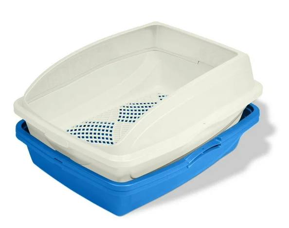 Two plastic cat litter boxes stacked, one blue base with a white top, with a perforated bottom for airflow.