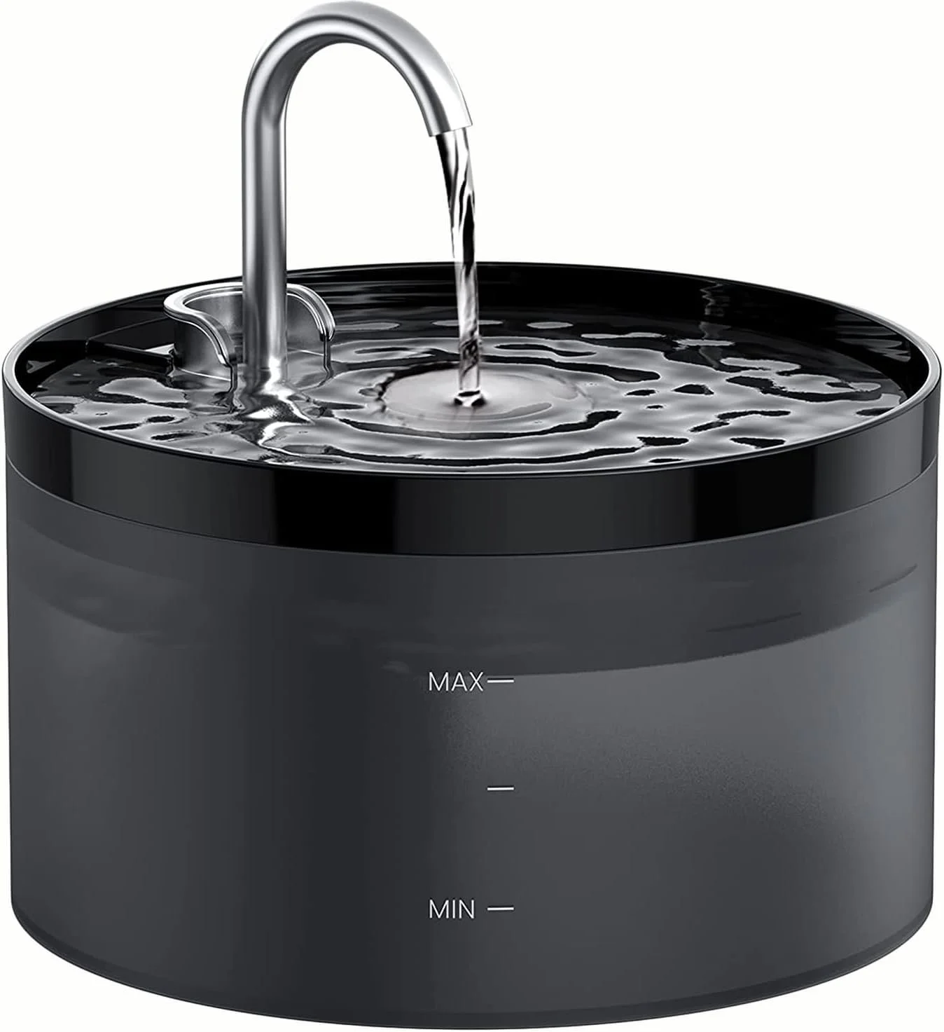 A modern black ultrasonic jewelry cleaner with water and a silver jewelry piece inside, running with water flowing from the spout.