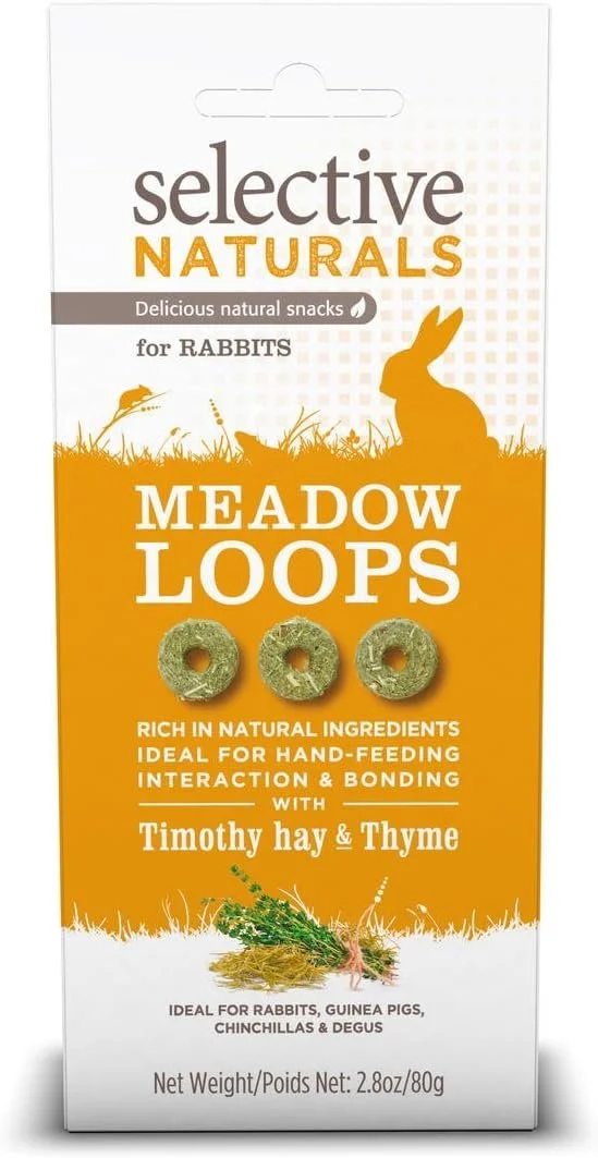 Packaging of Selective Naturals Meadow Loops natural rabbit treats with a rabbit silhouette and image of hay and herbs.
