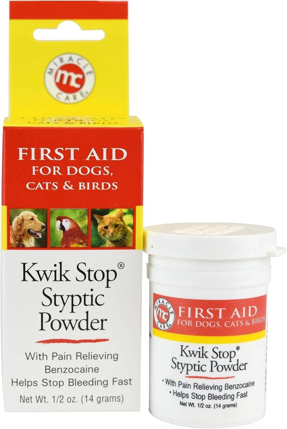 A box and a container of Kwik Stop Styptic Powder, used as a first aid for dogs, cats, and birds. The box has images of a dog, a bird, and a cat, with text highlighting its pain-relieving benzocaine and bleeding control benefits.