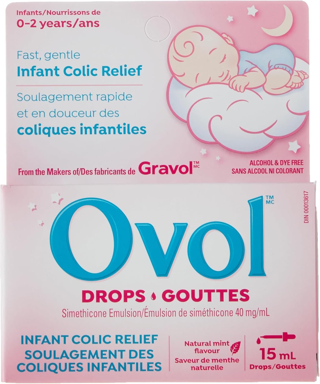 Boxes of infant colic relief drops, pink and white packaging featuring an illustration of a sleeping baby on a cloud, with a moon and stars in the background, and text indicating it's for ages 0-2 years, alcohol and dye free, with a natural mint flavor.