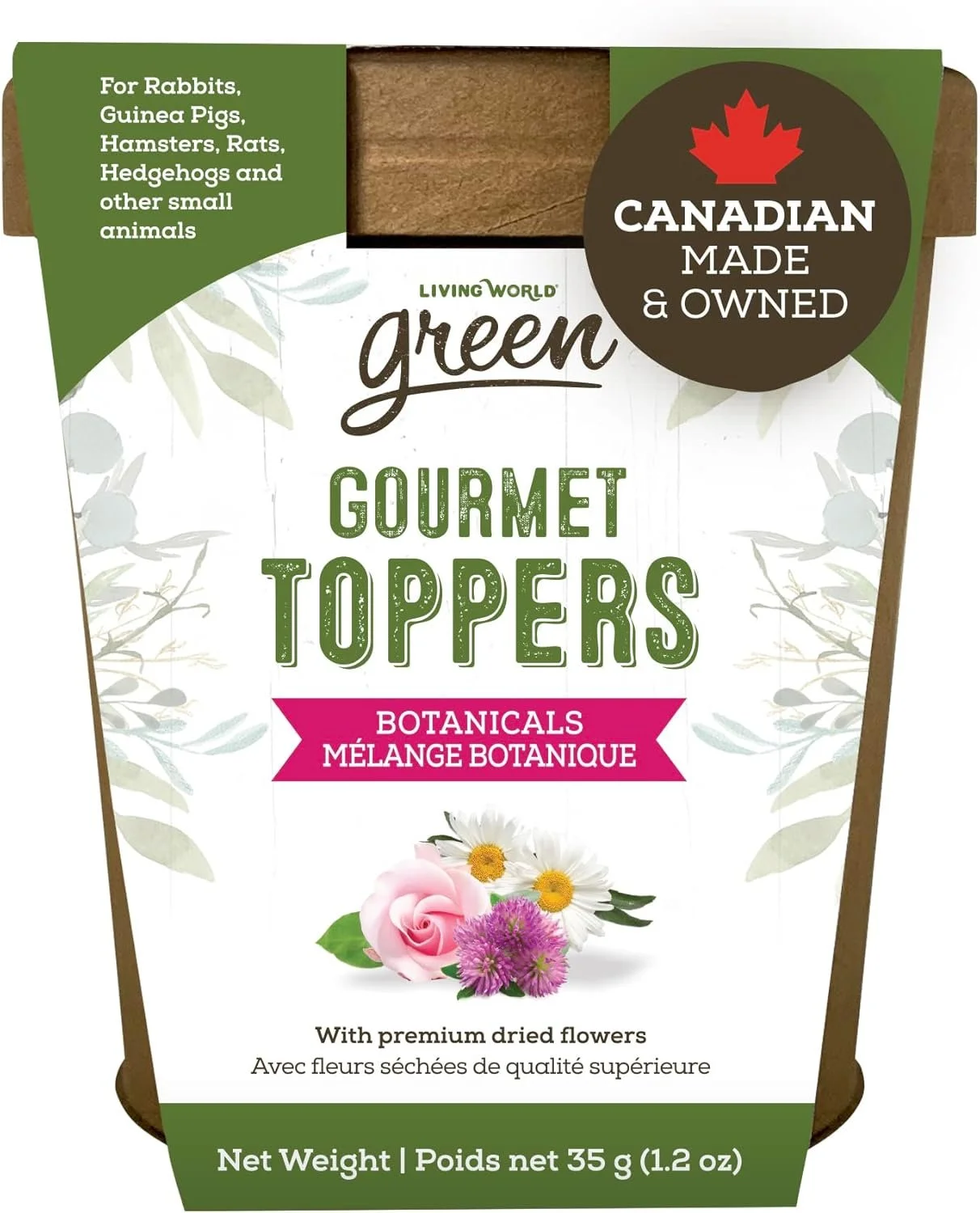 Packaging of Living World Green Gourmet Toppers with botanical flowers, featuring a pink rose, white daisies, and purple flowers, labeled for small animals, made in Canada, net weight 35 grams.