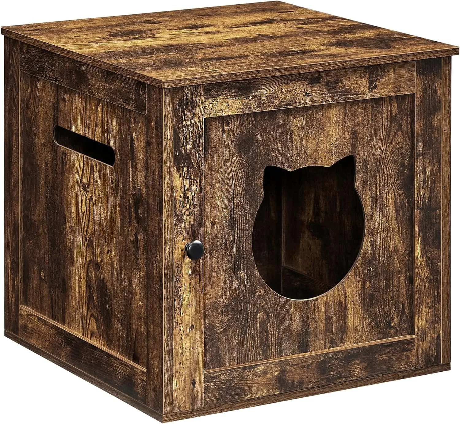 Rustic wooden cat enclosure with a circular cutout for the cat to enter and a small rectangular opening on the side.