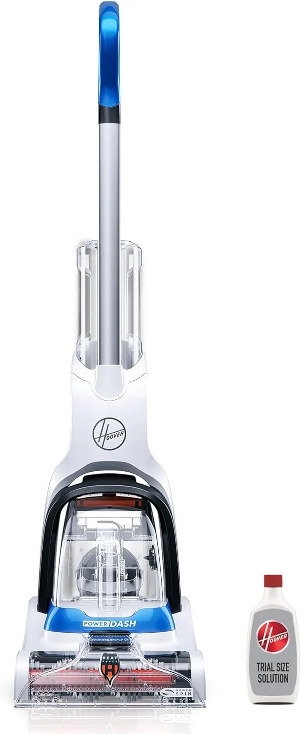A Hoover cordless vacuum cleaner with a white and blue design, including a transparent dustbin, black handle, and a power spin brush roller at the bottom, accompanied by a bottle of trial size cleaning solution.