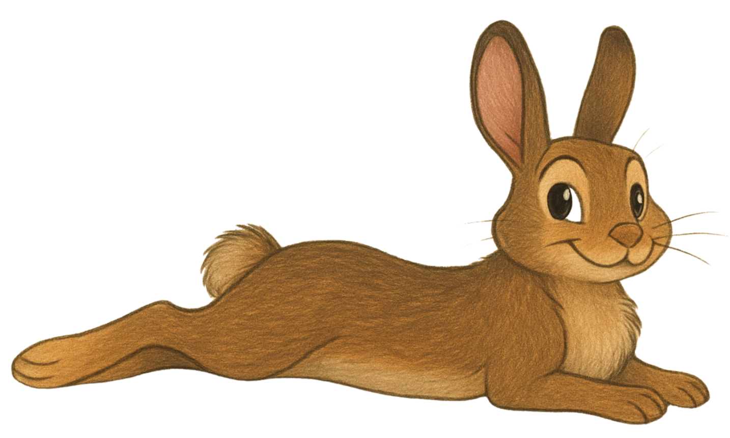Cartoon illustration of a relaxed brown rabbit lying down with big ears, smiling and looking forward.