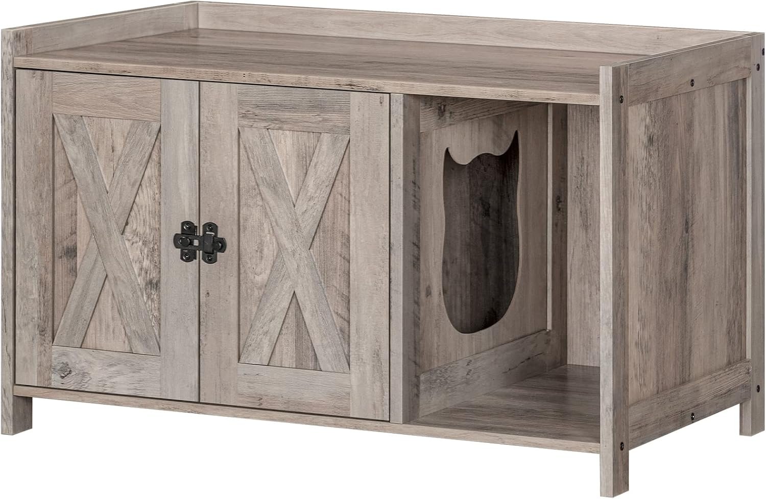 Light-colored wooden cabinet with two doors featuring X patterns, a handle latch, and an open compartment with a cutout shape of a cat on the side.