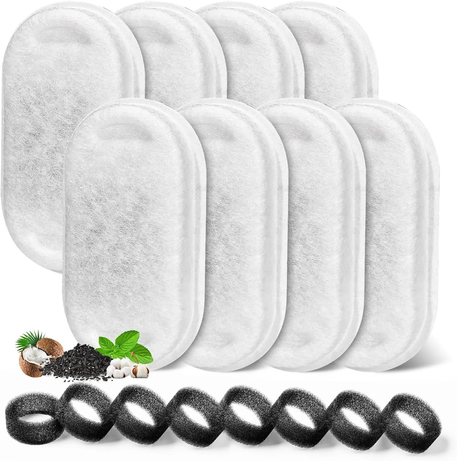 A group of oval-shaped white cotton pads with black charcoal facial pads at the front, along with coconut, mint leaves, and charcoal powder.