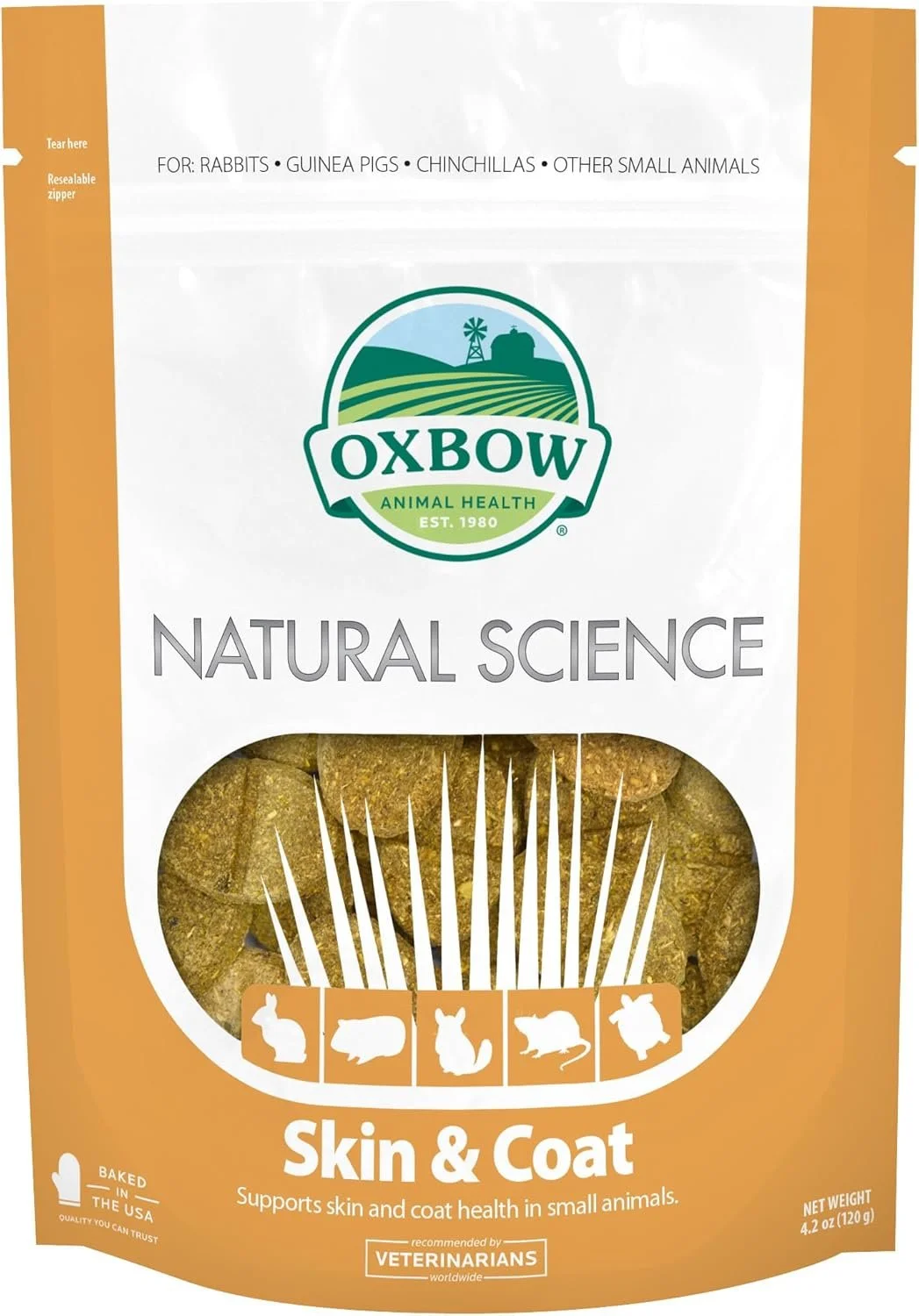 Oxbow Animal Health Natural Science Skin & Coat supplement package with resealable zipper for small animals like rabbits, guinea pigs, chinchillas, featuring a window showing the supplement and icons of different animals.