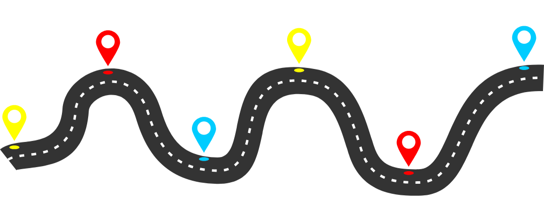 A winding road with six colorful location markers: red, yellow, and blue, placed along the road.