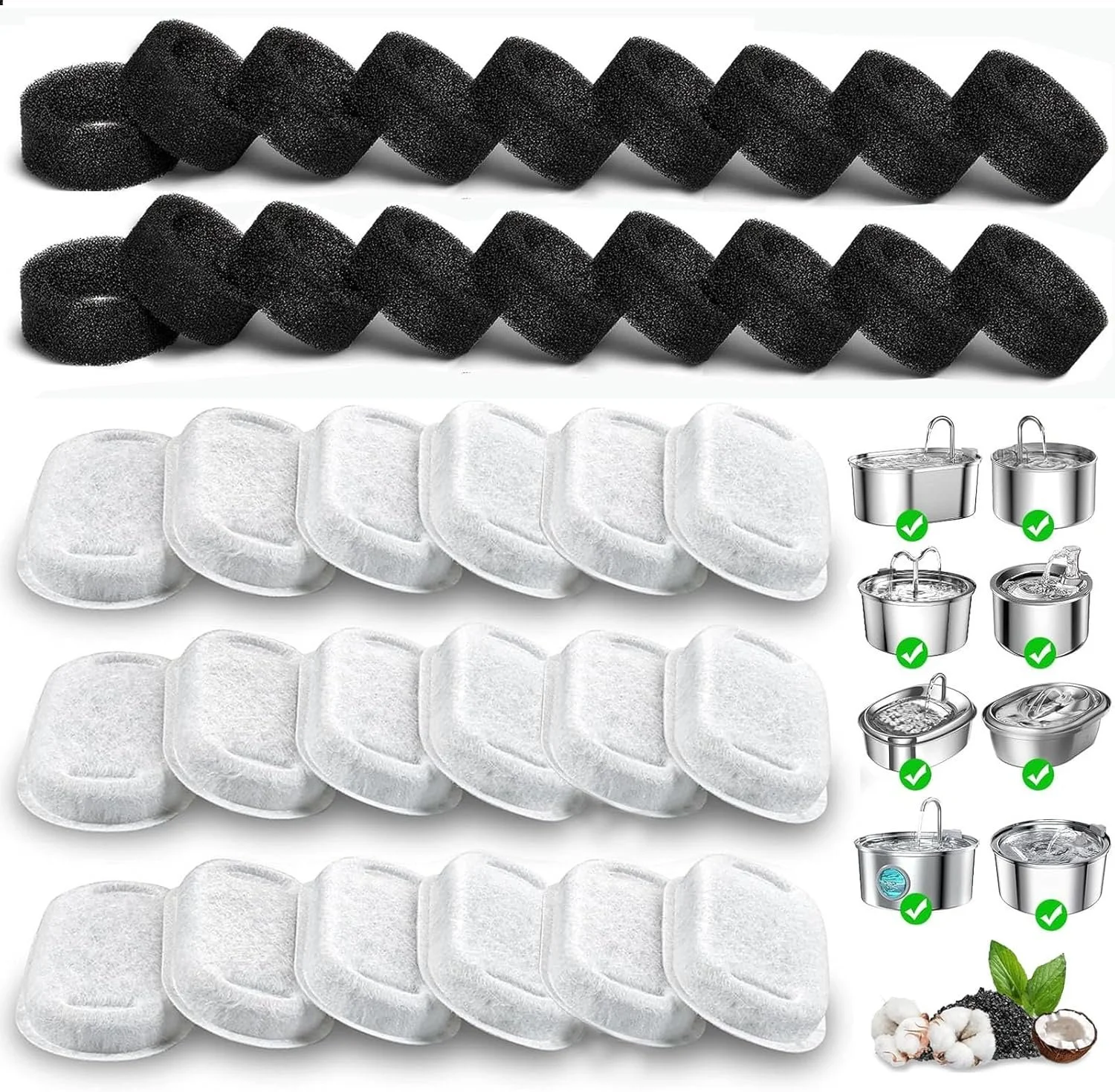 Array of black charcoal, white filter pads, stainless steel coffee makers, and a cotton plant, showing different parts of a coffee filtration system.