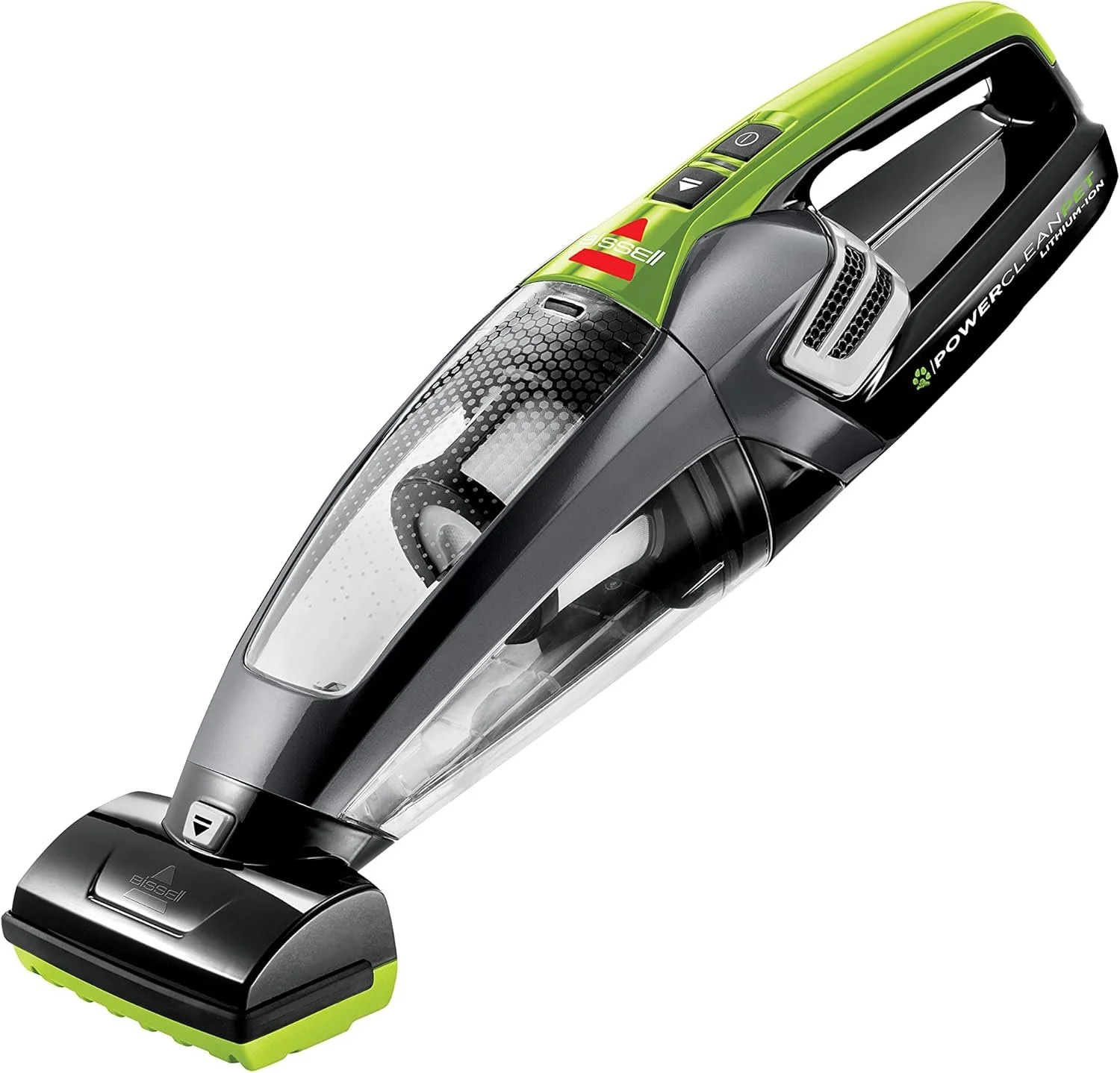 A cordless vacuum cleaner with black, silver, and green accents, labeled 'iPowerClean Lithium Ion'.