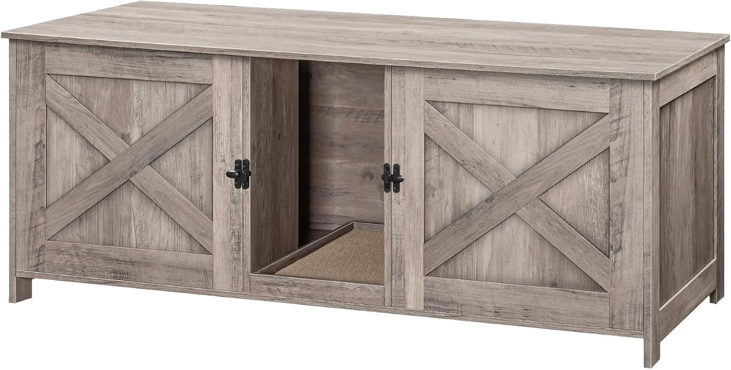Wooden TV stand with two closed barn-style doors and an open middle section with a pull-out shelf.