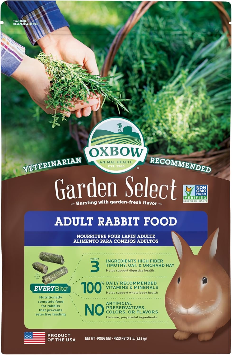 Packaging of Oxbow Garden Select adult rabbit food with a picture of a rabbit and a person holding fresh herbs, with a basket of herbs in the background.