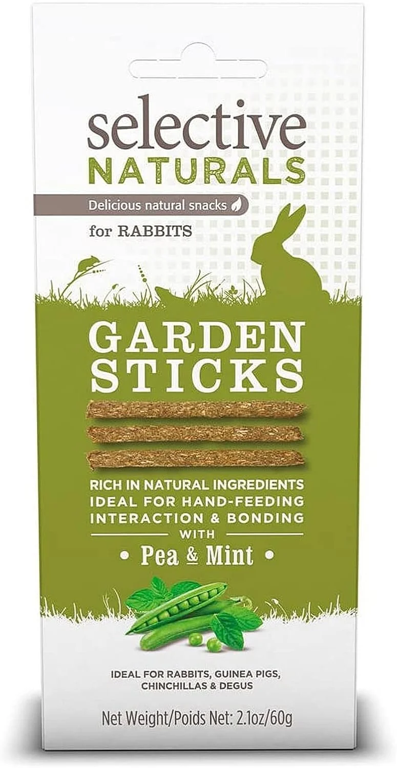 Package of Selective Naturals Garden Sticks for rabbits, featuring an illustration of a rabbit, garden sticks, and pea and mint ingredients.