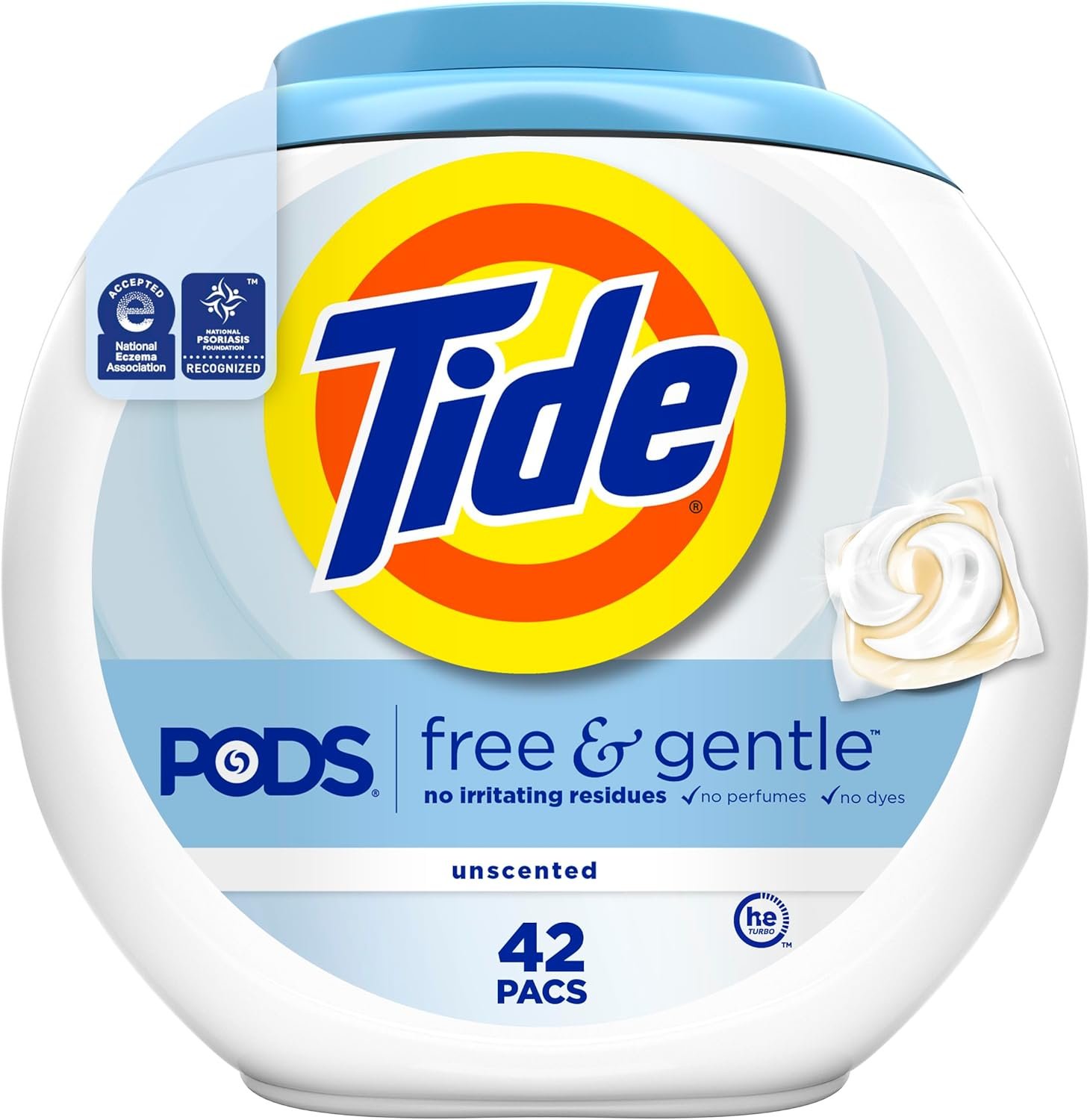 A container of Tide Pods laundry detergent with 42 unscented, free and gentle pods, featuring a white background and blue and yellow branding.