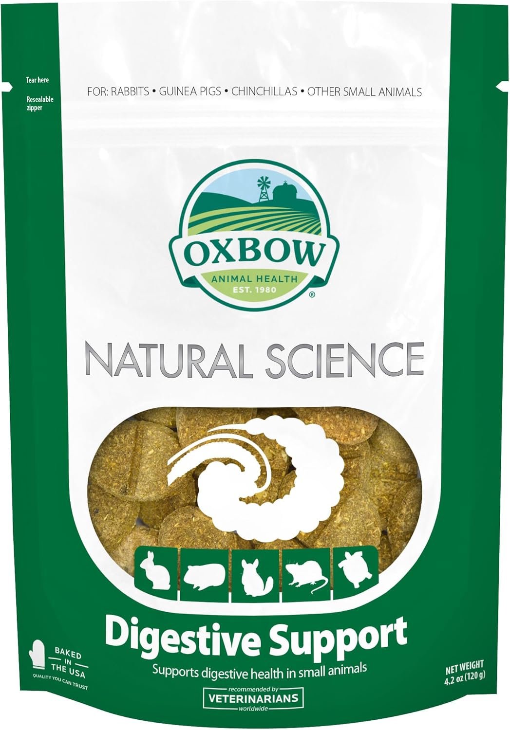 A bag of Oxbow Natural Science Digestive Support for small animals, showing a semi-transparent window with digestible tablets inside, and icons of a rabbit, chinchilla, guinea pig, and other small animals, along with a white graphic of a gastrointestinal tract.
