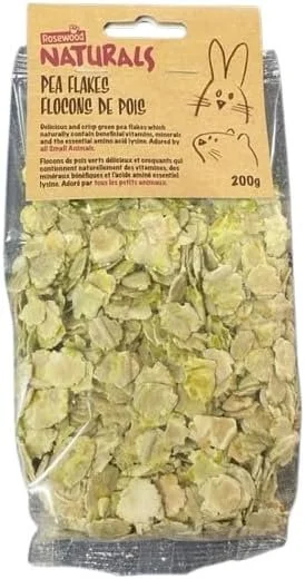 Package of Rosewood Naturals pea flakes, 200g, with greenish dried pea flakes visible through the clear lower half of the package.