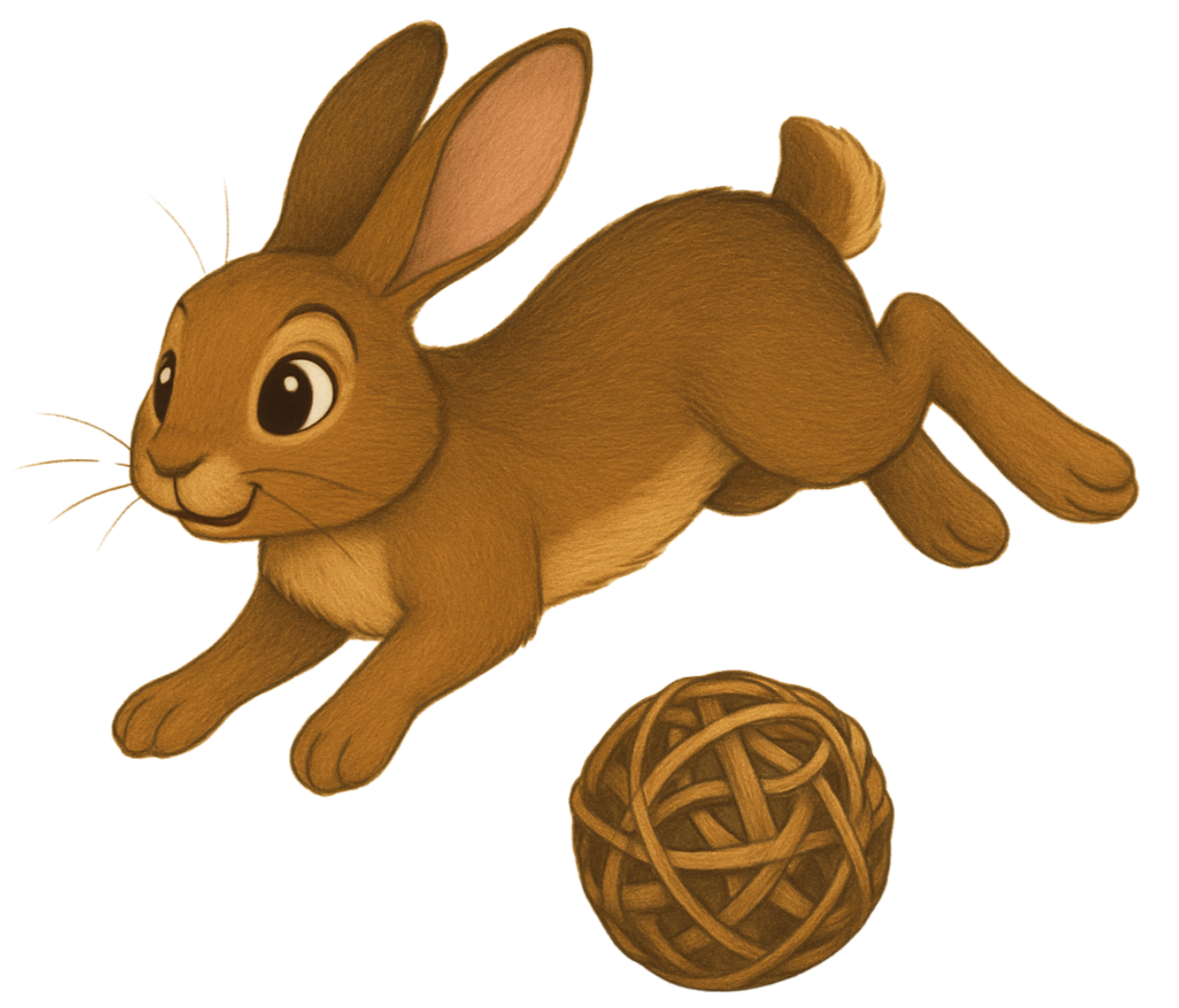 Animated brown rabbit leaping forward with a ball of yarn nearby.