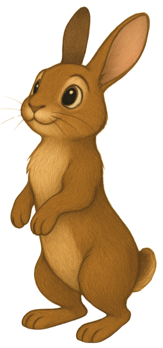 Animated illustration of a cute brown rabbit standing on its hind legs, with large ears and big black eyes.