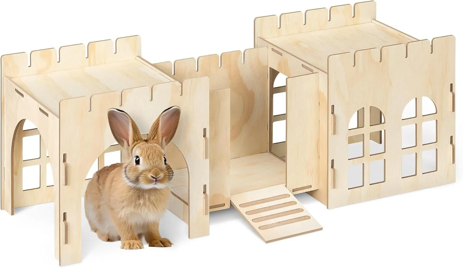 Wooden bunny hutch with a small bunny inside and a ramp leading to the entryway.
