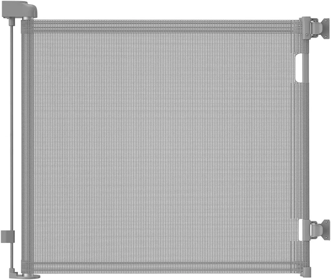 A metal safety gate with mesh panels for child or pet safety.