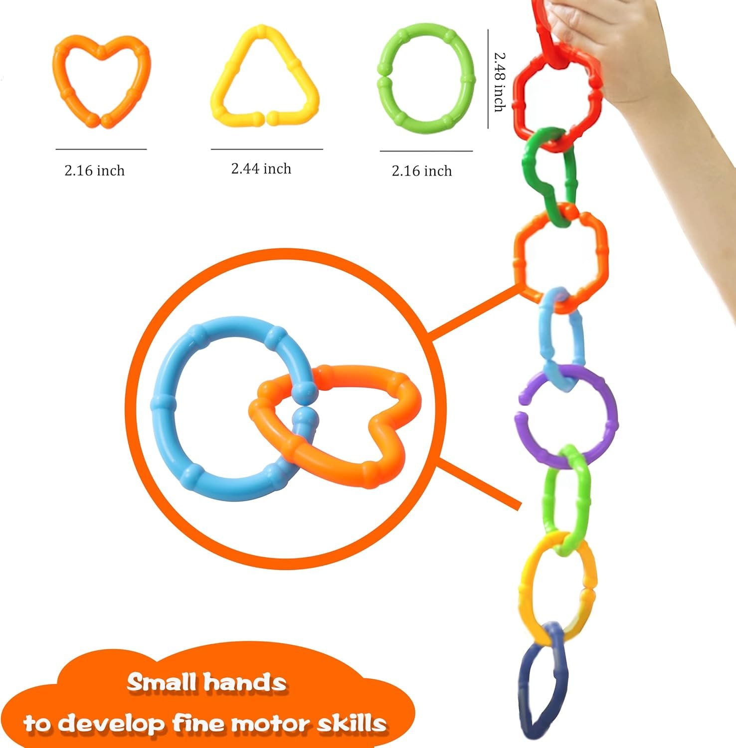 Colorful plastic chain links with varying shapes, sizes, and colors, used for small hands to develop fine motor skills. The chains are shown in different sections with measurements and a hand holding some links. A label at the bottom reads 'Small hands to develop fine motor skills'.