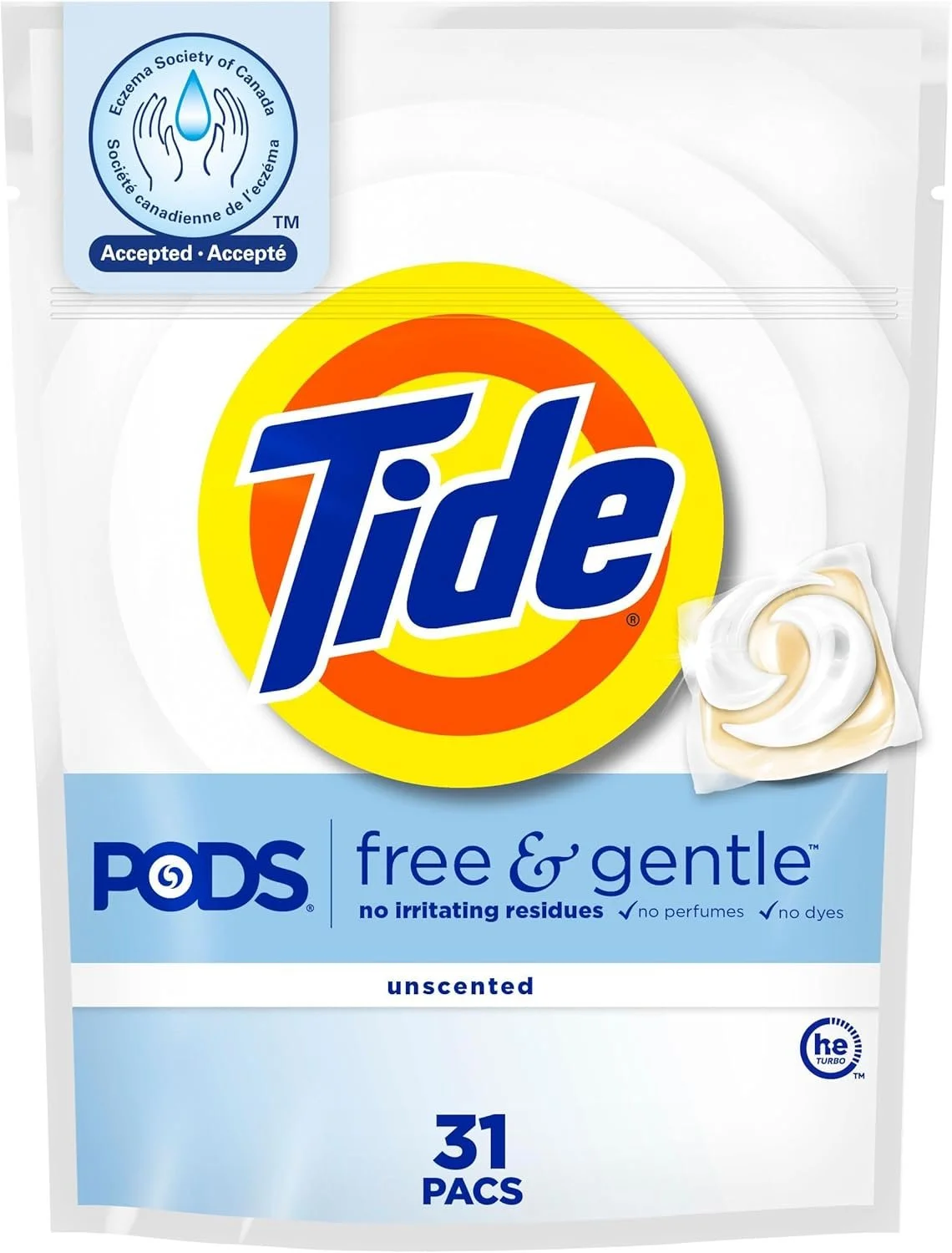 A package of Tide Pods laundry detergent with a blue label indicating it is free and gentle, unscented, with 31 pouches.