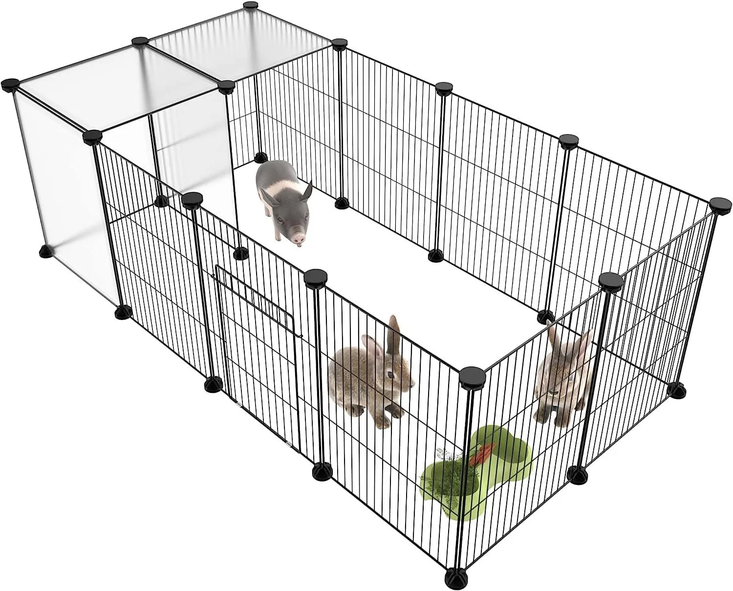 A wire playpen with three baby animals inside: a piglet near the center, a rabbit on the left, and a kitten near the right, with a small green toy on the floor.