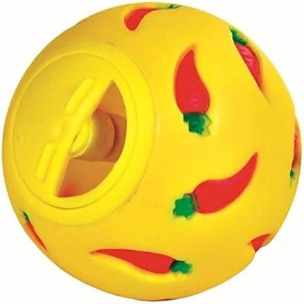 Yellow toy ball shaped like a chili pepper with red and green chili designs and a plastic hole for dispensing treats.