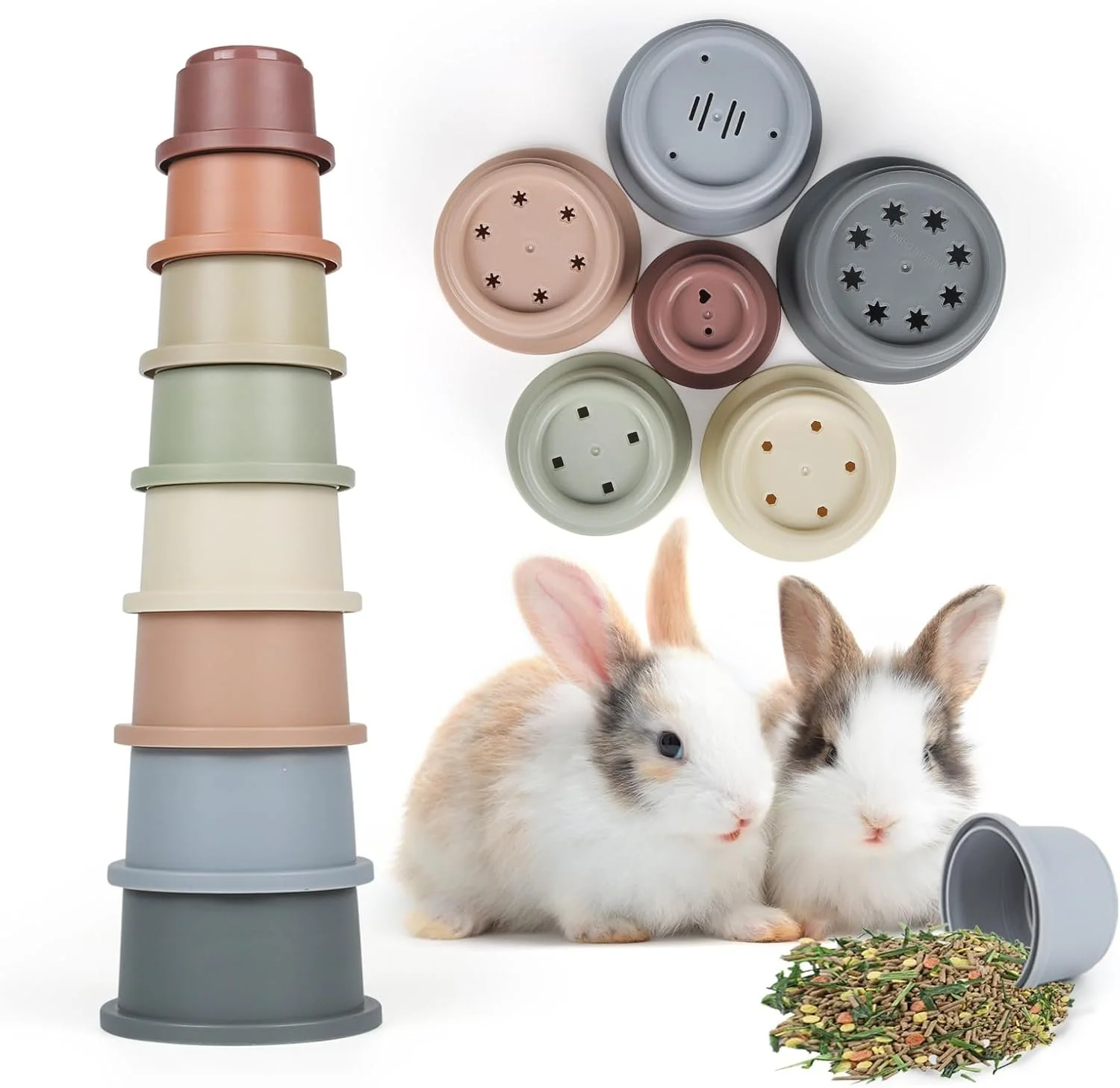 Stacked pastel-colored rabbit feeding bowls and lids, two rabbits, and a spilled container of rabbit food.