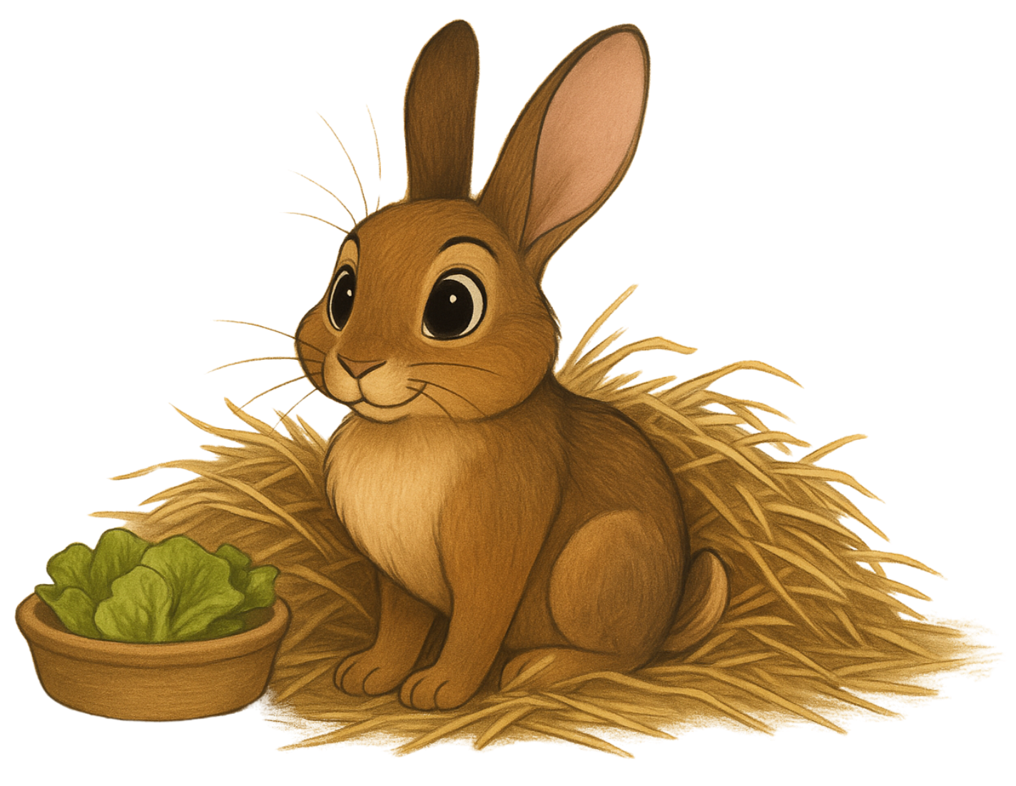 Cartoon rabbit sitting on hay with a bowl of lettuce nearby.