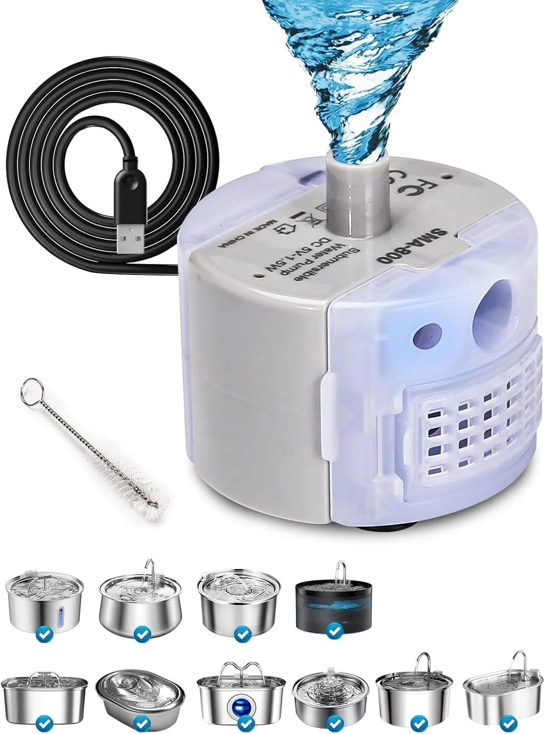 A humidifier with a water reservoir emitting mist, along with various metal containers with lids and a cleaning brush.