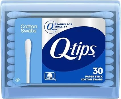 Box of 30 Q-tips cotton swabs, blue packaging with white and navy accents.