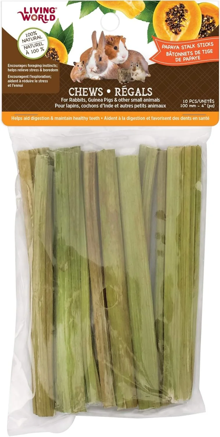 Package of Living World papaya stalk sticks for small animals, containing 10 pieces in a clear plastic bag with a label depicting bunnies, guinea pigs, and other small animals. The label highlights that the sticks are 100% natural and encourages foraging to help reduce stress and boredom.