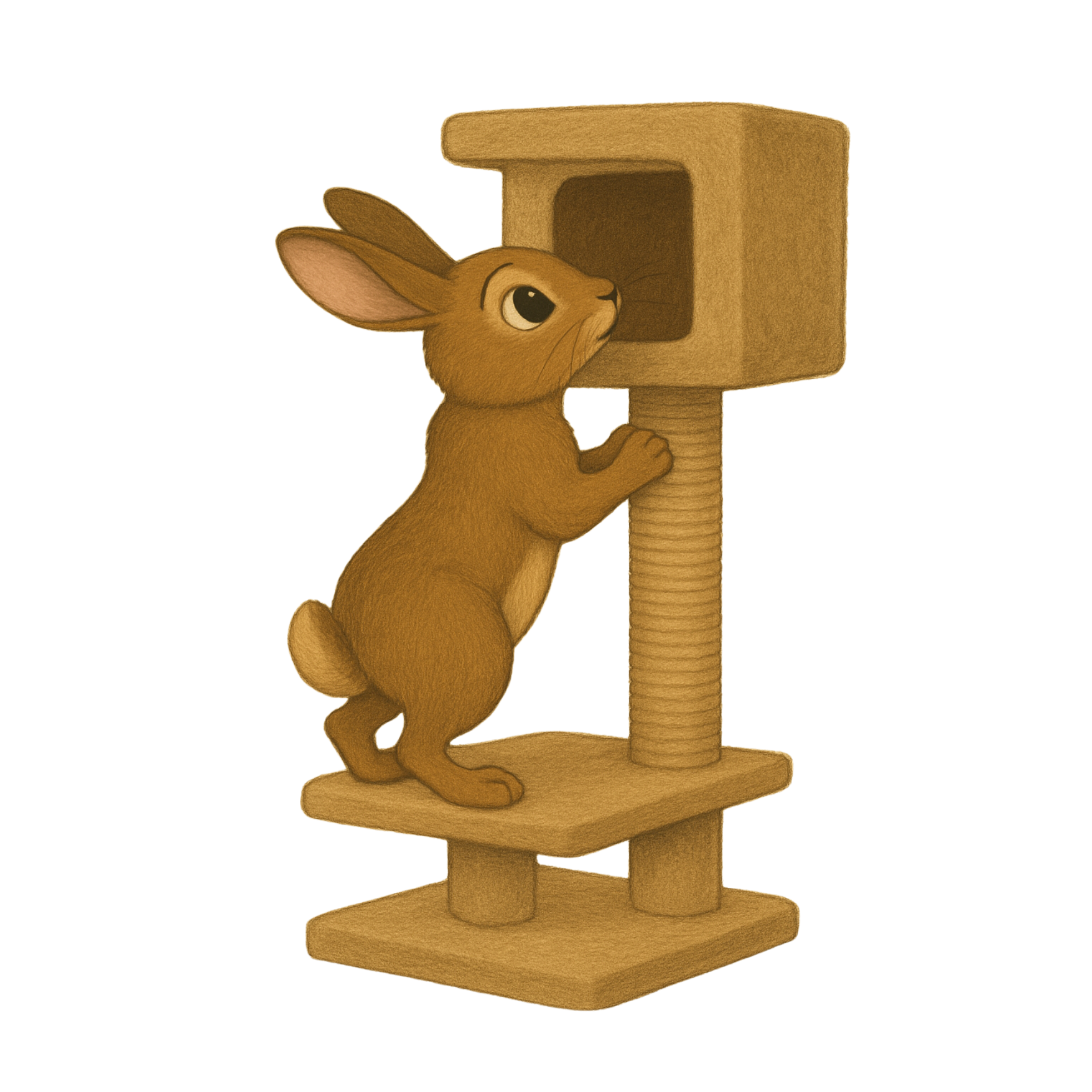 Illustration of a brown rabbit standing on its hind legs and looking into a wooden cat scratcher.