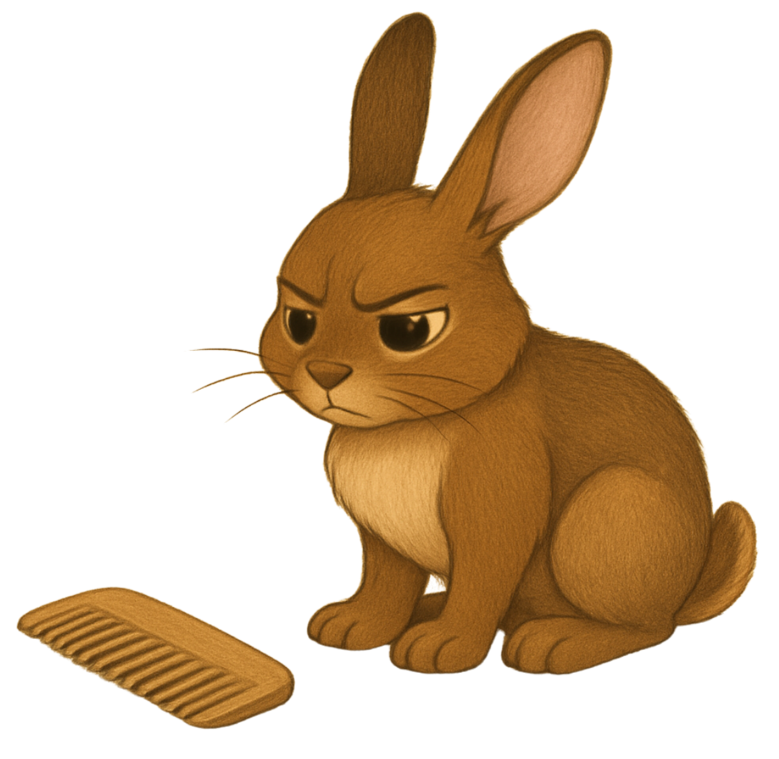 Animated brown bunny with a stern expression sitting next to a wooden comb.